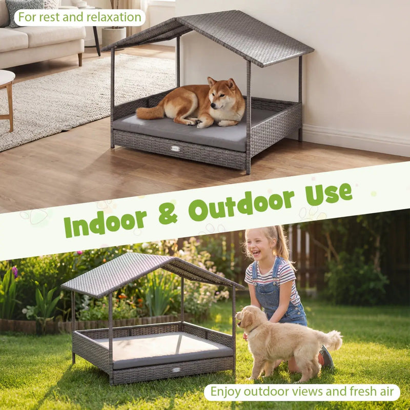 Wicker Dog House Elevated PE Rattan Dog Bed with Canopy by DirectDeals