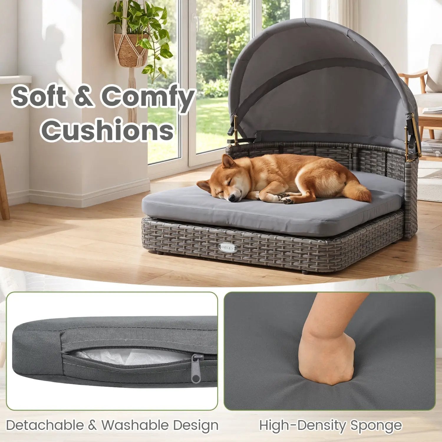 Wicker Dog House with Adjustable Canopy & Cushions by DirectDeals