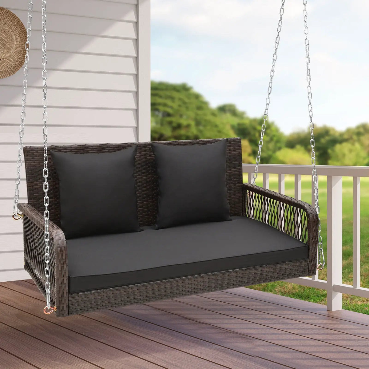 2-Person Outdoor Wicker Porch Swing with Seat and Back Cushions by DirectDeals