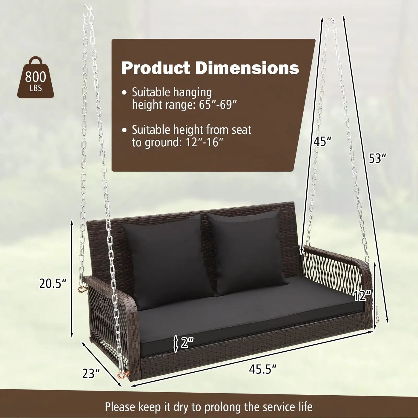 2-Person Outdoor Wicker Porch Swing with Seat and Back Cushions by DirectDeals