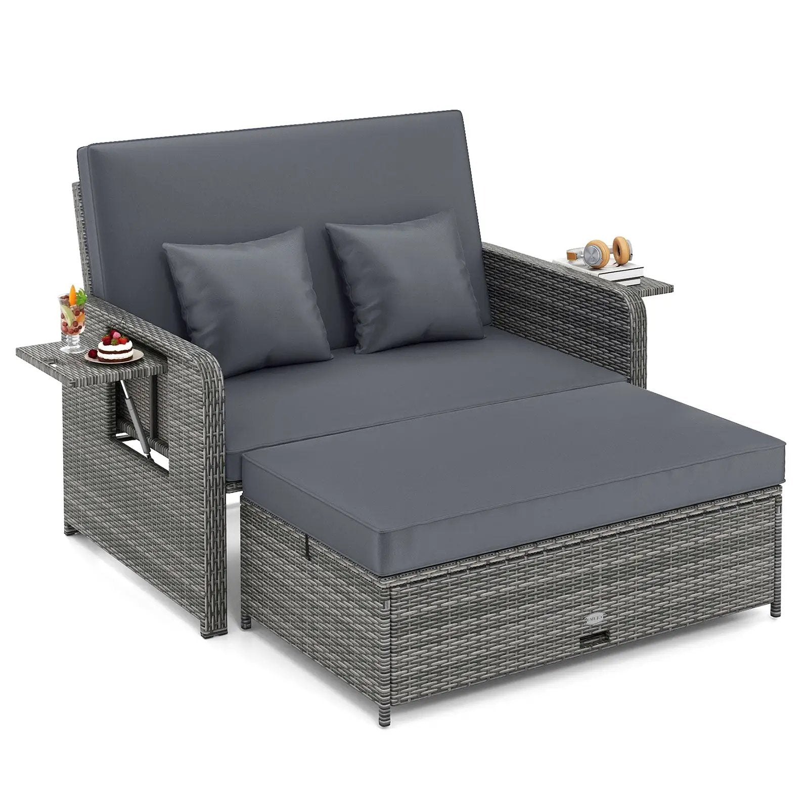 Patio Wicker Loveseat Sofa with Multipurpose Ottoman and Retractable Side Tray by DirectDeals