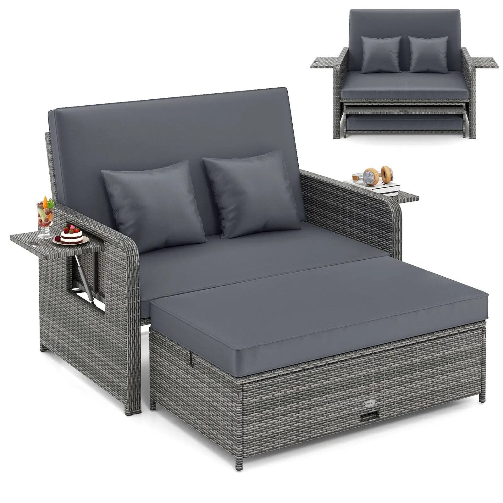 Patio Wicker Loveseat Sofa with Multipurpose Ottoman and Retractable Side Tray by DirectDeals