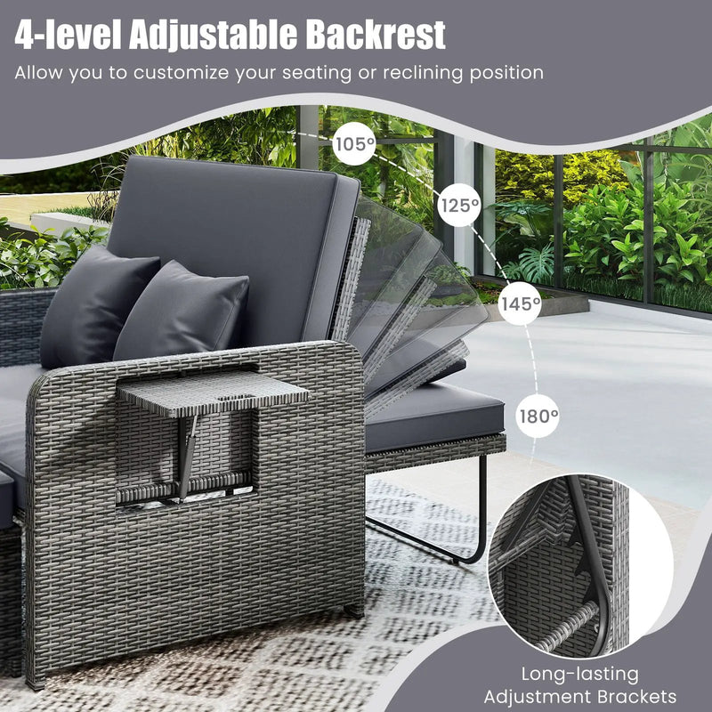 Patio Wicker Loveseat Sofa with Multipurpose Ottoman and Retractable Side Tray by DirectDeals