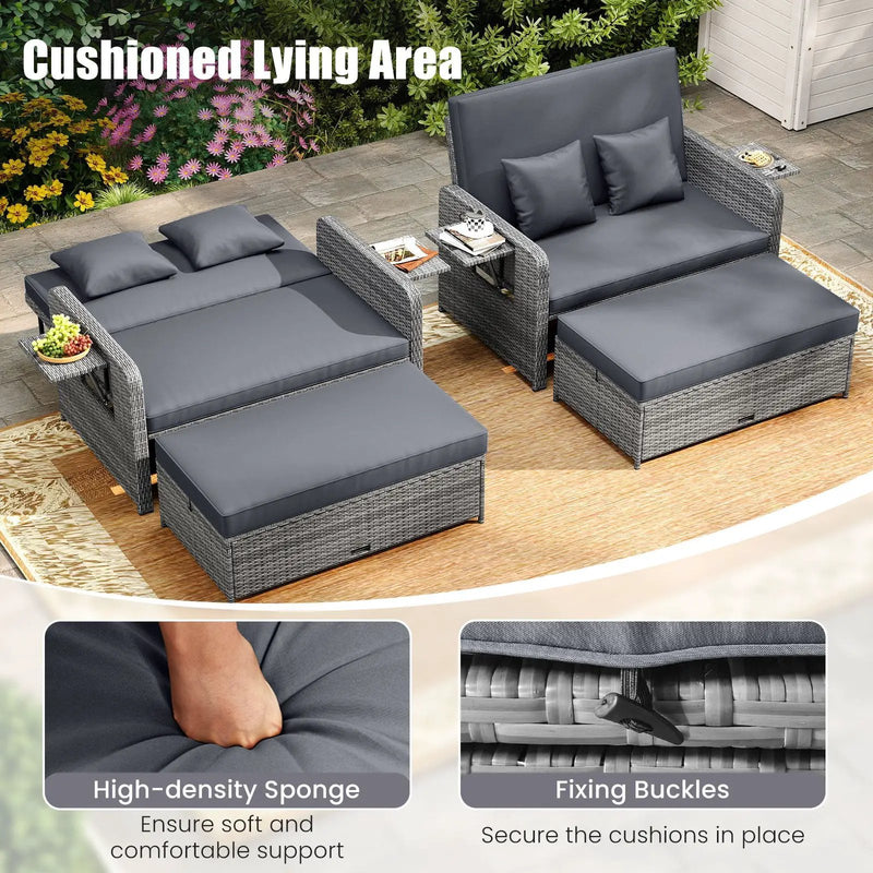 Patio Wicker Loveseat Sofa with Multipurpose Ottoman and Retractable Side Tray by DirectDeals