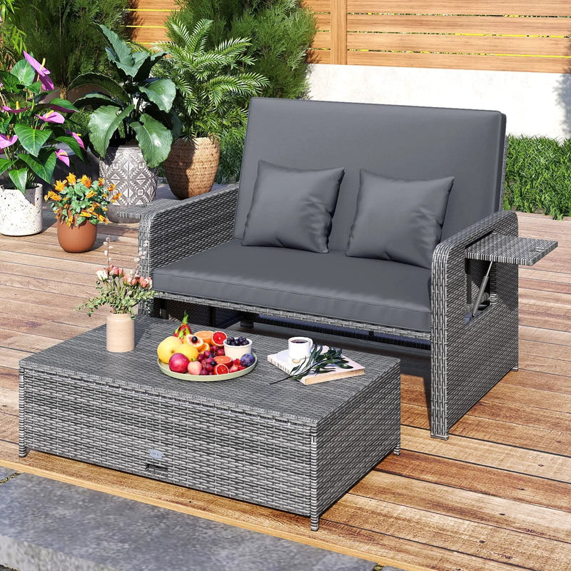 Patio Wicker Loveseat Sofa with Multipurpose Ottoman and Retractable Side Tray by DirectDeals