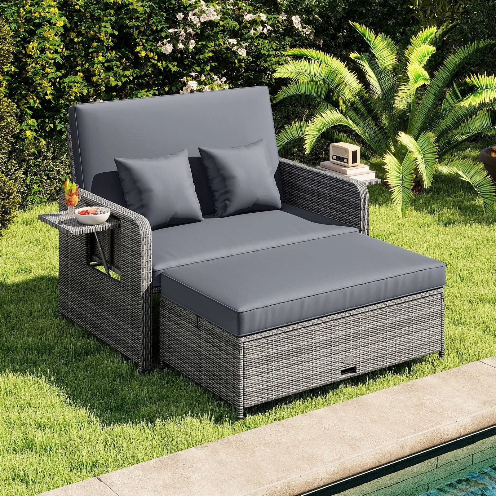 Patio Wicker Loveseat Sofa with Multipurpose Ottoman and Retractable Side Tray by DirectDeals