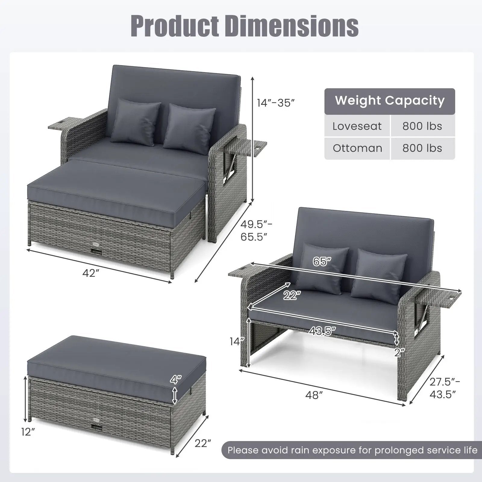 Patio Wicker Loveseat Sofa with Multipurpose Ottoman and Retractable Side Tray by DirectDeals