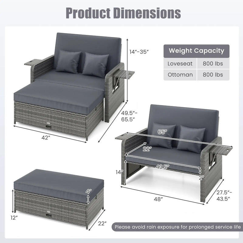 Patio Wicker Loveseat Sofa with Multipurpose Ottoman and Retractable Side Tray by DirectDeals