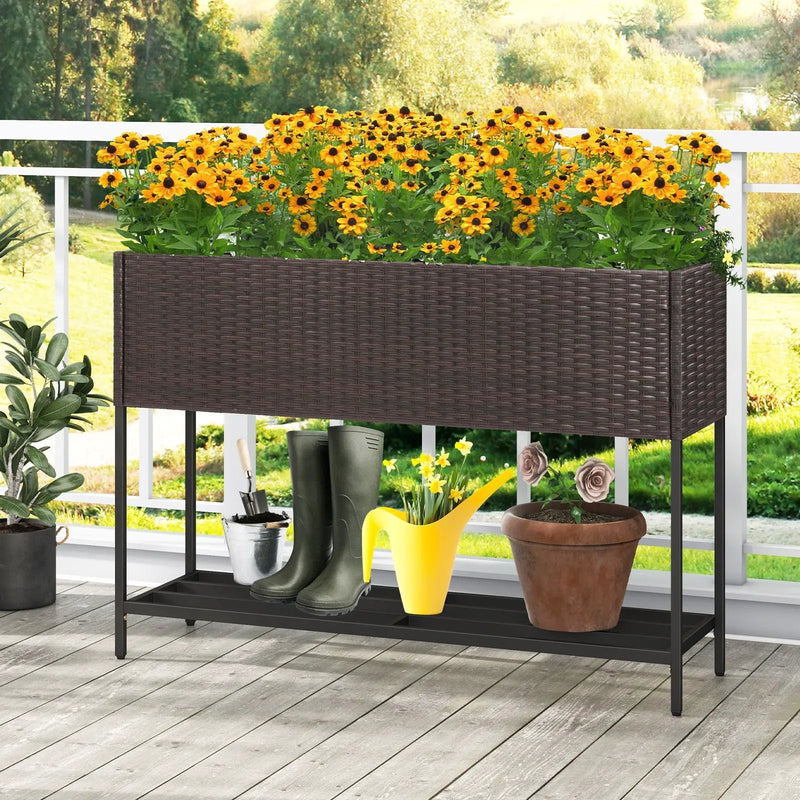 Wicker Raised Garden Bed with Storage Shelf and Drainage Gaps for Flowers by DirectDeals