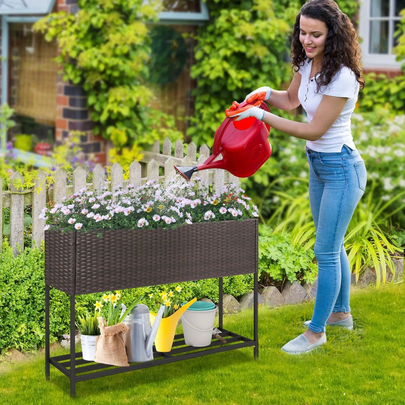 Wicker Raised Garden Bed with Storage Shelf and Drainage Gaps for Flowers by DirectDeals
