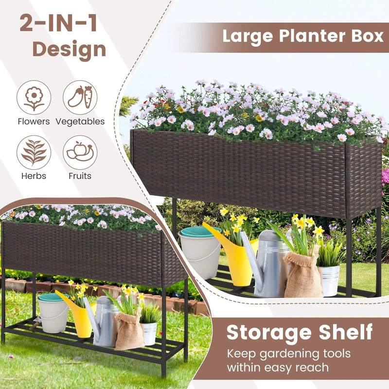 Wicker Raised Garden Bed with Storage Shelf and Drainage Gaps for Flowers by DirectDeals