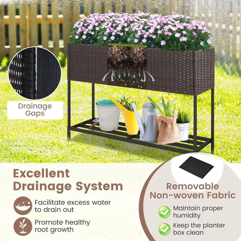 Wicker Raised Garden Bed with Storage Shelf and Drainage Gaps for Flowers by DirectDeals