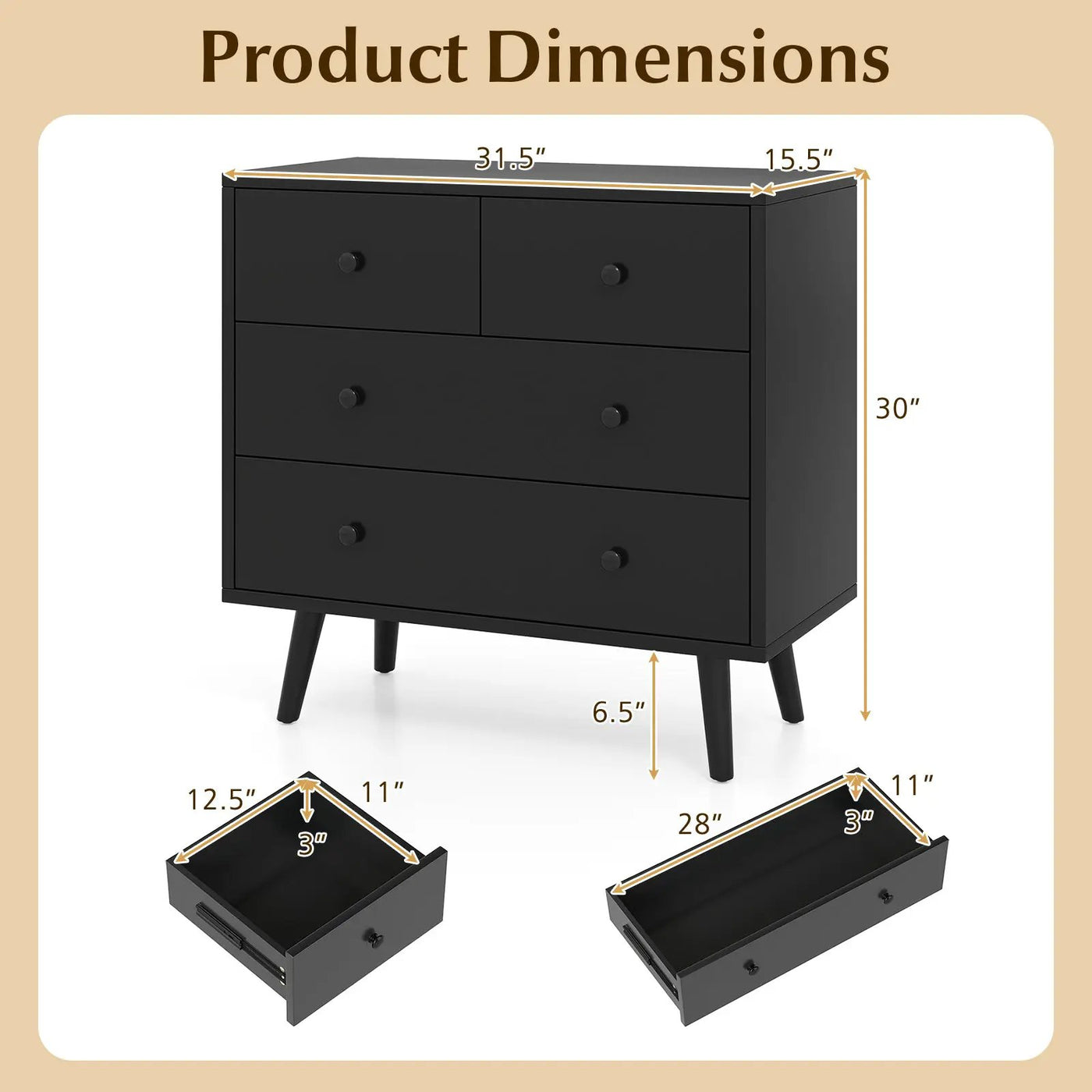 Wide Wooden Dresser with 4 Drawers for Bedroom Living Room by DirectDeals