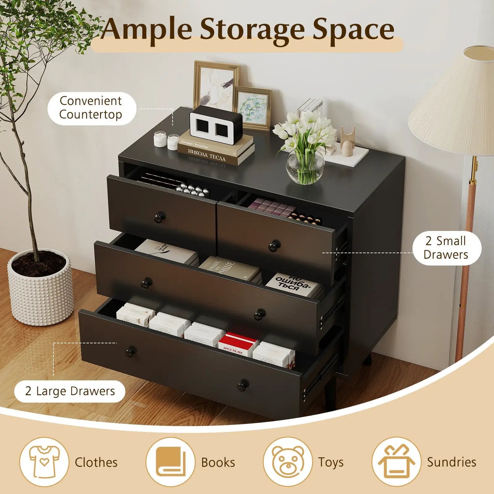 Wide Wooden Dresser with 4 Drawers for Bedroom Living Room by DirectDeals