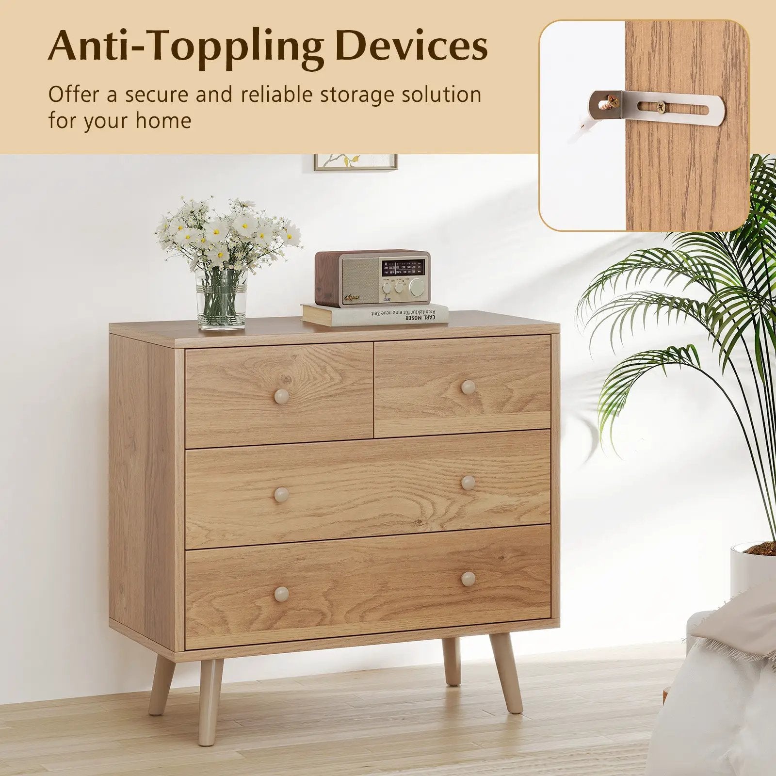 Wide Wooden Dresser with 4 Drawers for Bedroom Living Room by DirectDeals
