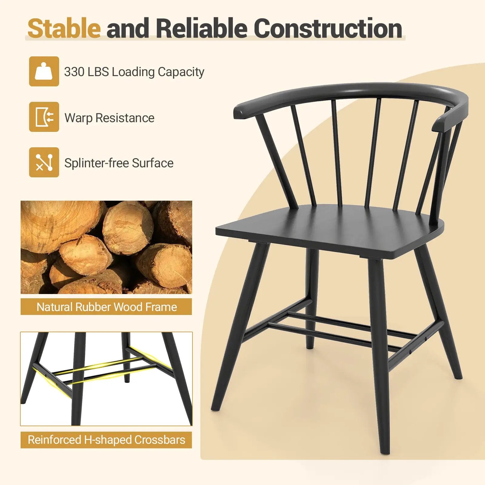 Windsor Dining Chair Set of 2 Mid-Century Modern Black Kitchen Chairs-Black by DirectDeals