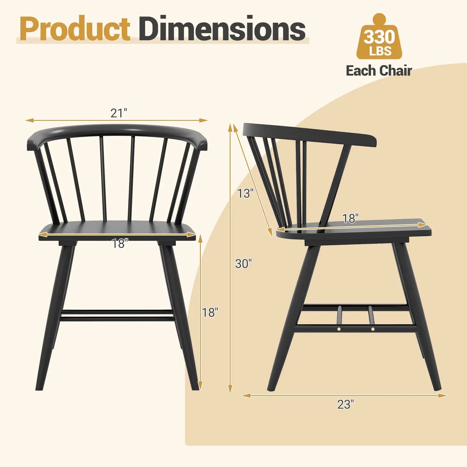 Windsor Dining Chair Set of 2 Mid-Century Modern Black Kitchen Chairs-Black by DirectDeals