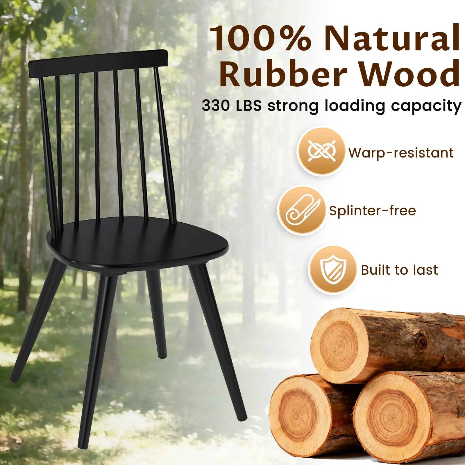 Windsor Dining Chair Set of 2 with Solid Rubber Wood Frame-Black by DirectDeals