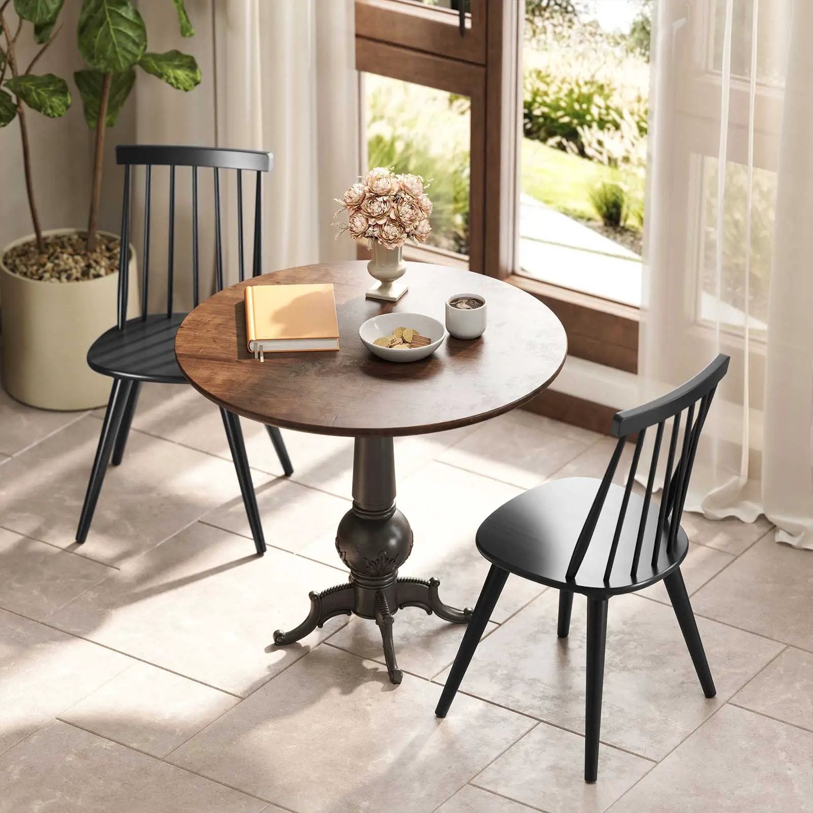Windsor Dining Chair Set of 4 with Solid Rubber Wood Frame-Black by DirectDeals