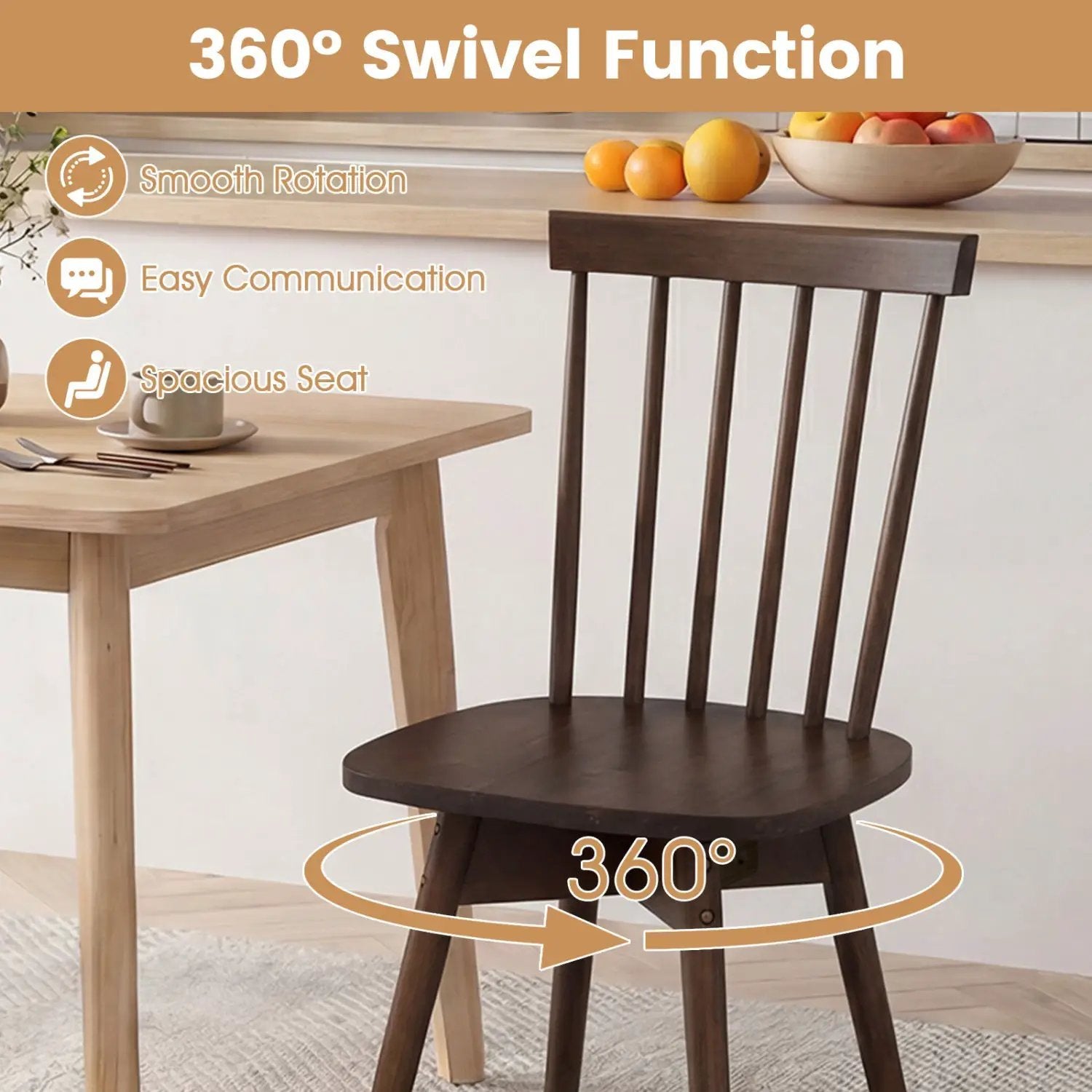 Windsor Dining Chairs Set of 2 Mid Century Rubber Wood Kitchen Chairs with Swivel Seat by DirectDeals