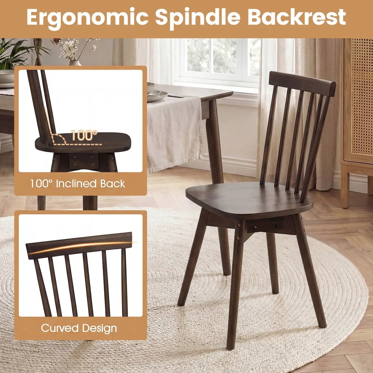 Windsor Dining Chairs Set of 4 Mid Century Rubber Wood Kitchen Chairs with Swivel Seat by DirectDeals