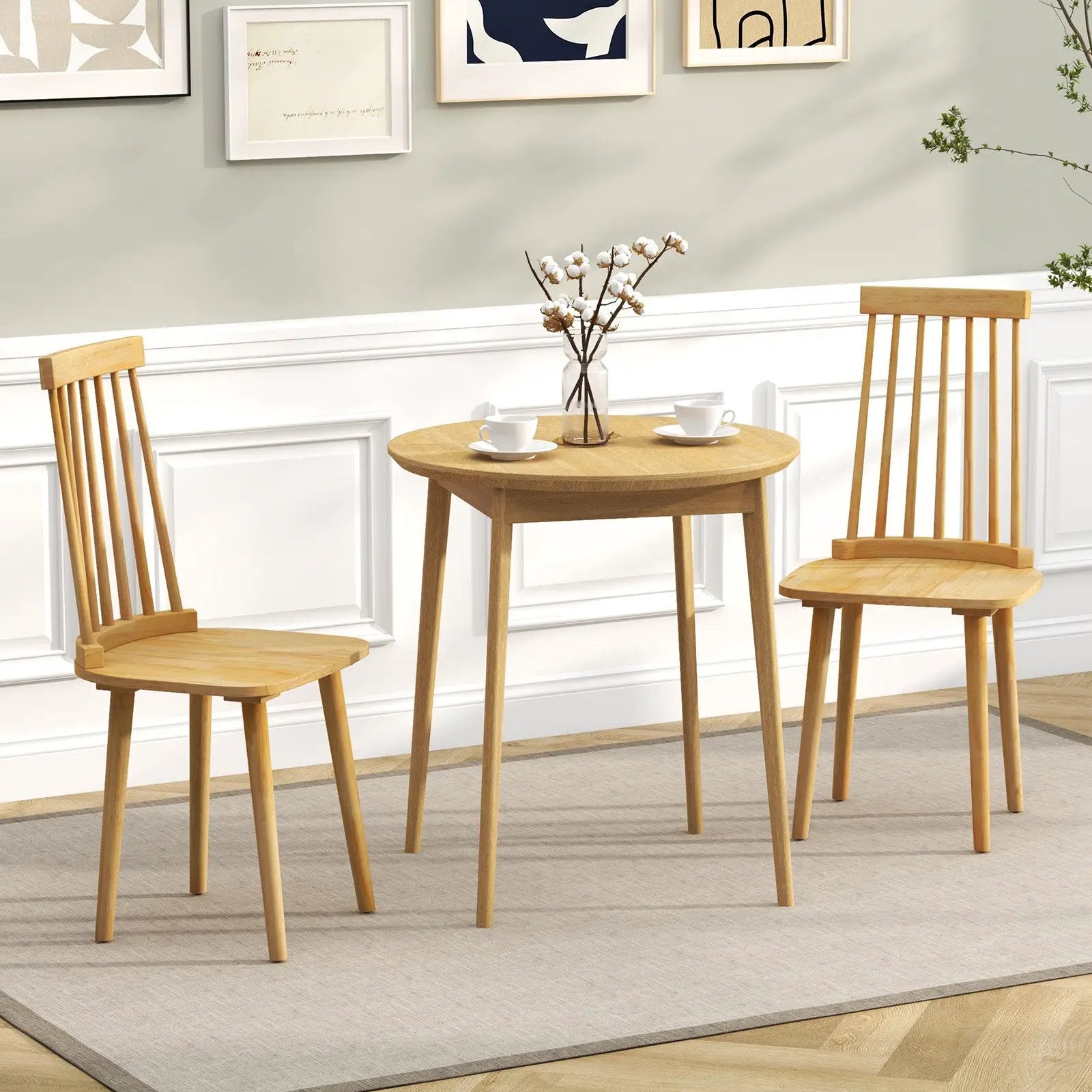 Windsor Dining Chairs Set of 2 with High Spindle Back and Natural Rubber Wood Legs for Dining Room Living Room-Natural by DirectDeals