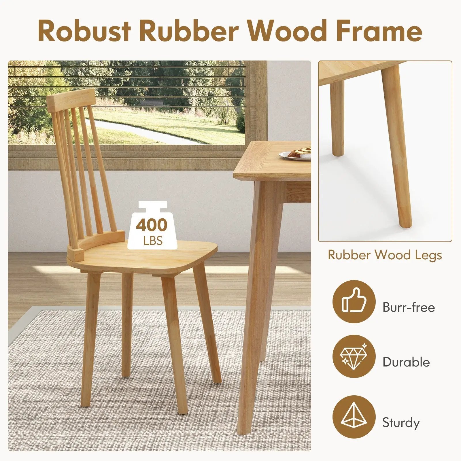 Windsor Dining Chairs Set of 2 with High Spindle Back and Natural Rubber Wood Legs for Dining Room Living Room-Natural by DirectDeals
