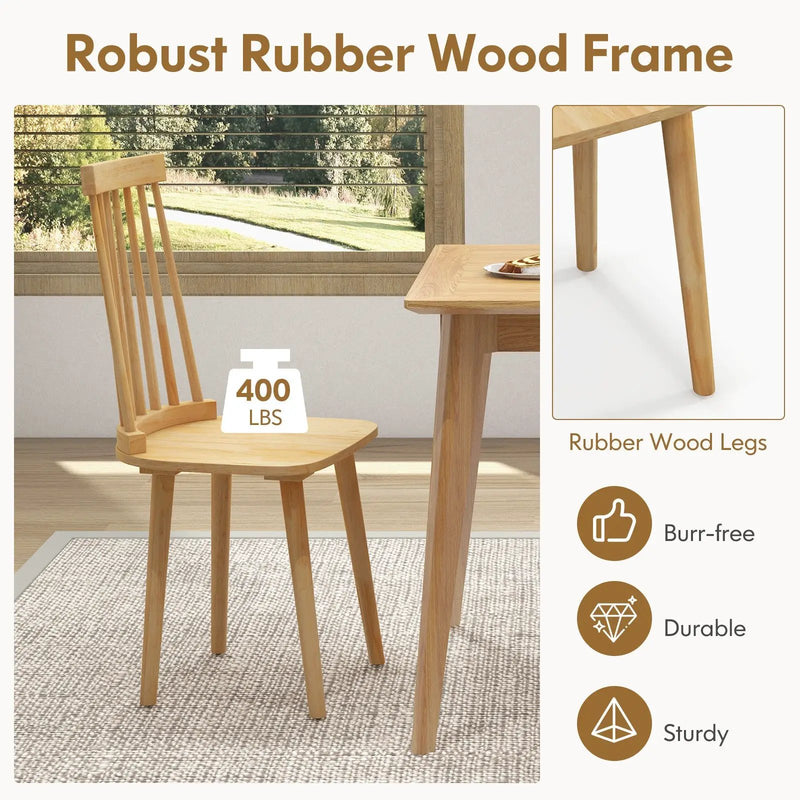 Windsor Dining Chairs Set of 2 with High Spindle Back and Natural Rubber Wood Legs for Dining Room Living Room-Natural by DirectDeals