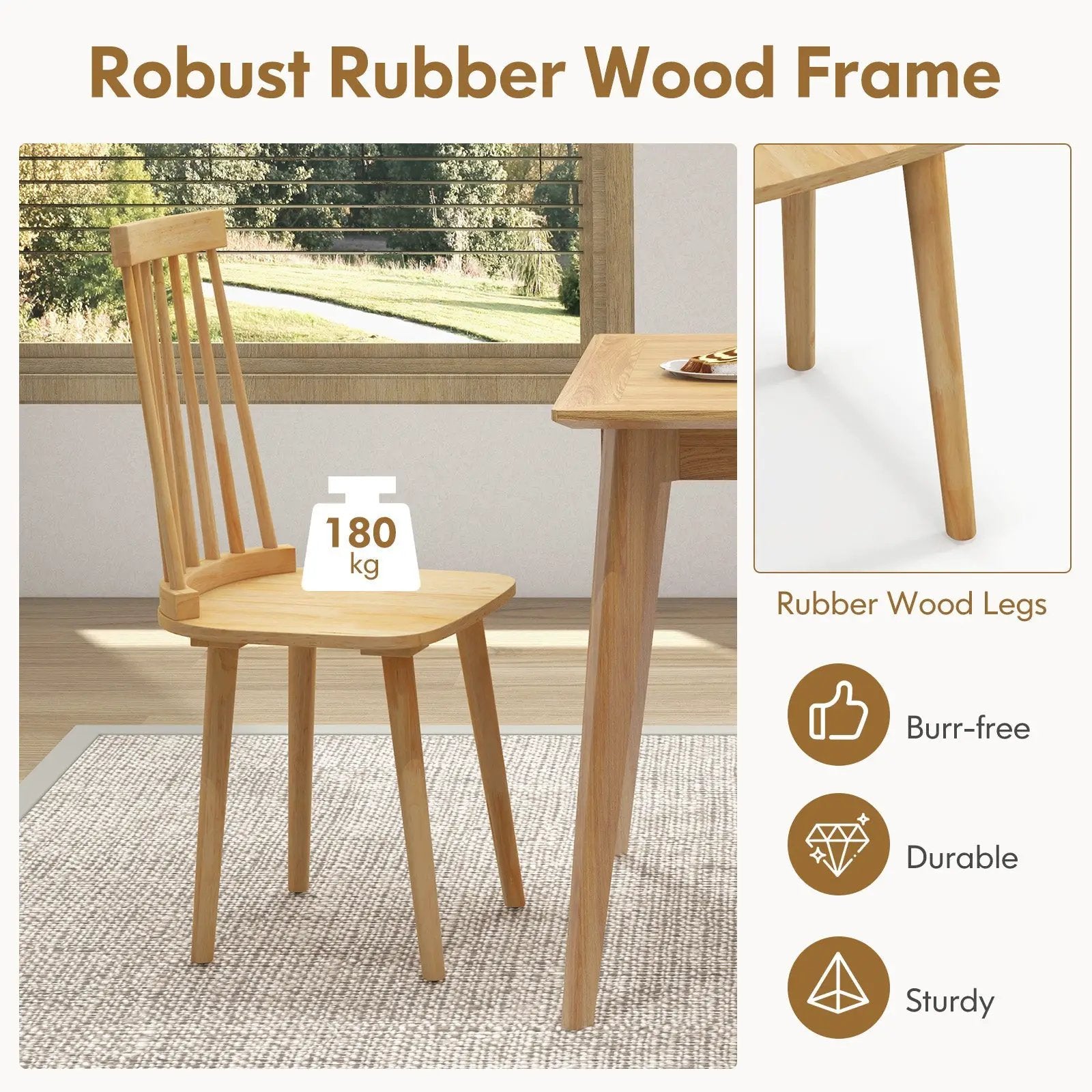 Windsor Dining Chairs Set of 2 with High Spindle Back and Natural Rubber Wood Legs for Dining Room Living Room-Natural by DirectDeals