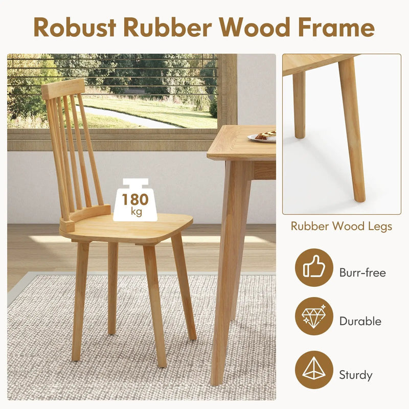 Windsor Dining Chairs Set of 2 with High Spindle Back and Natural Rubber Wood Legs for Dining Room Living Room-Natural by DirectDeals