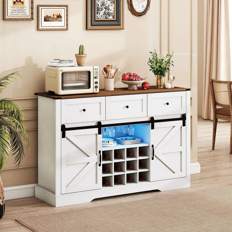 52 Inches Wine Bar Cabinet with LED Lights and Sliding Barn Doors by DirectDeals