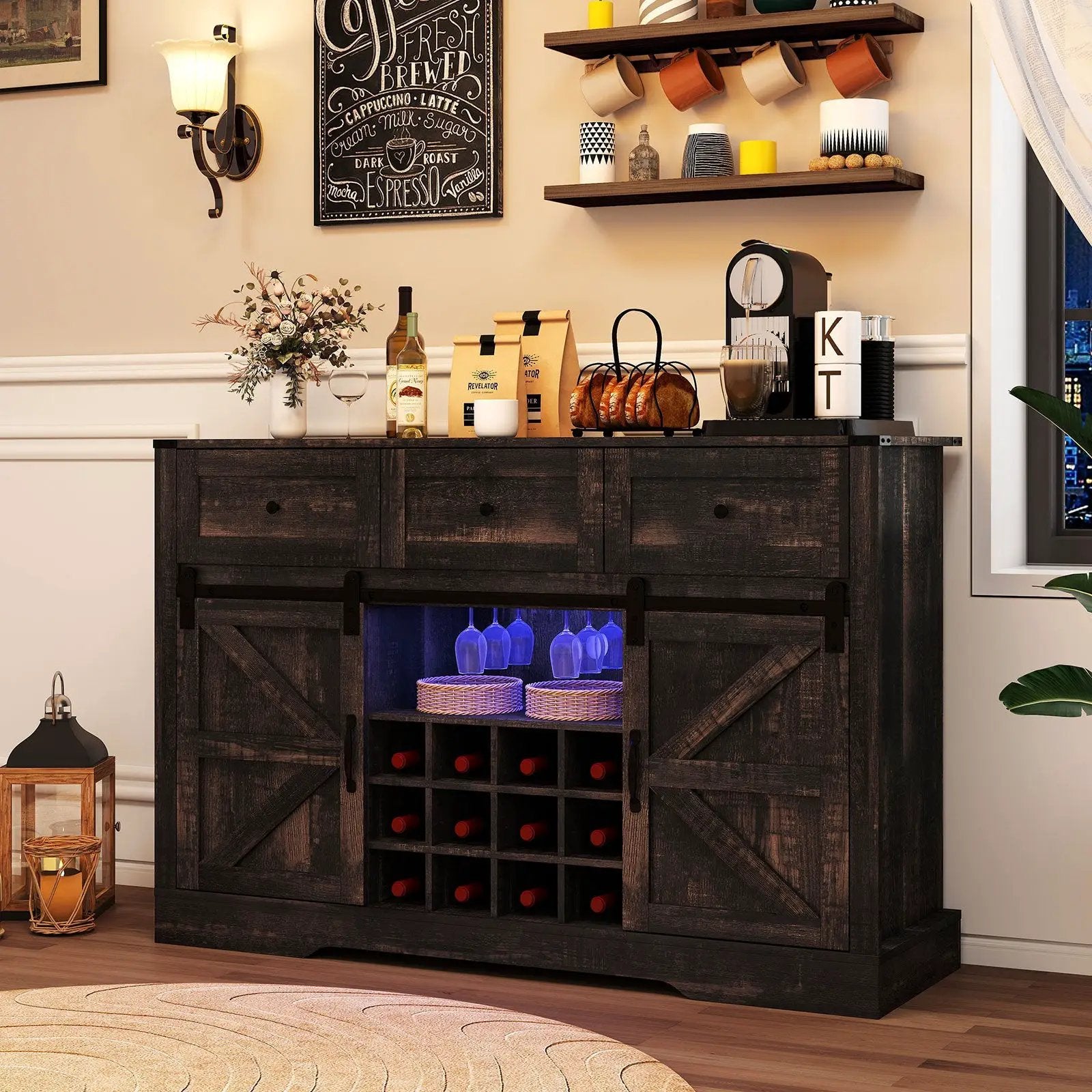 52 Inches Wine Bar Cabinet with LED Lights and Sliding Barn Doors by DirectDeals