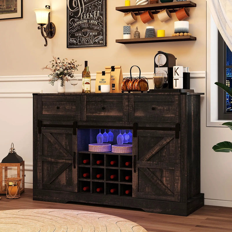52 Inches Wine Bar Cabinet with LED Lights and Sliding Barn Doors by DirectDeals
