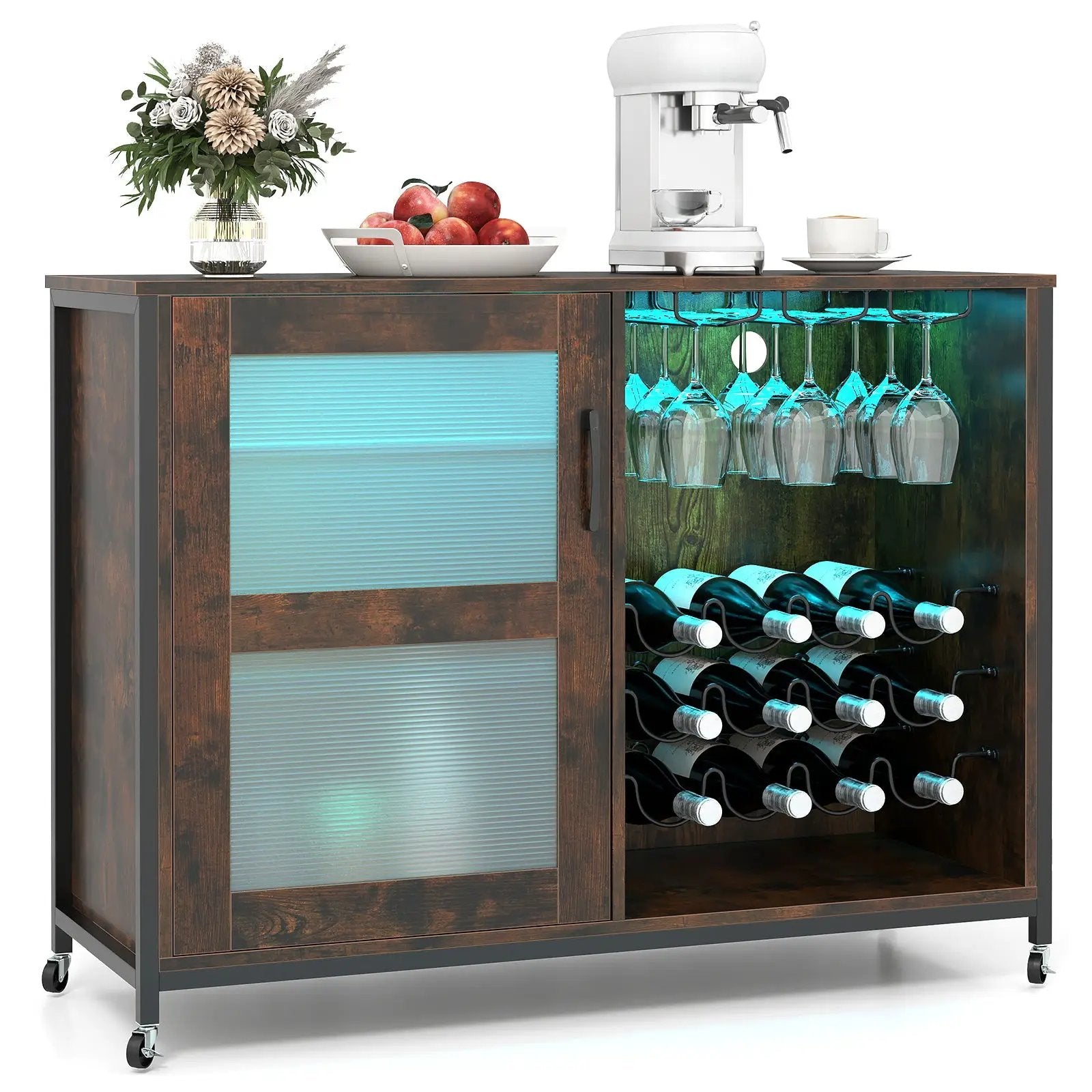 Wine Bar Cabinet with LED Light and Adjustable Shelves-Rustic Brown by DirectDeals