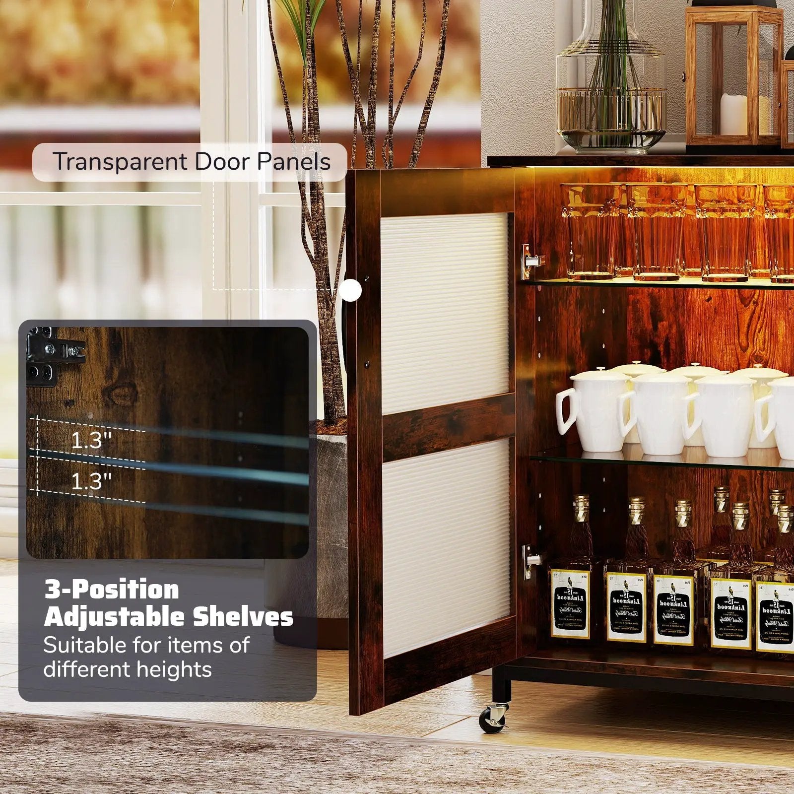Wine Bar Cabinet with LED Light and Adjustable Shelves-Rustic Brown by DirectDeals
