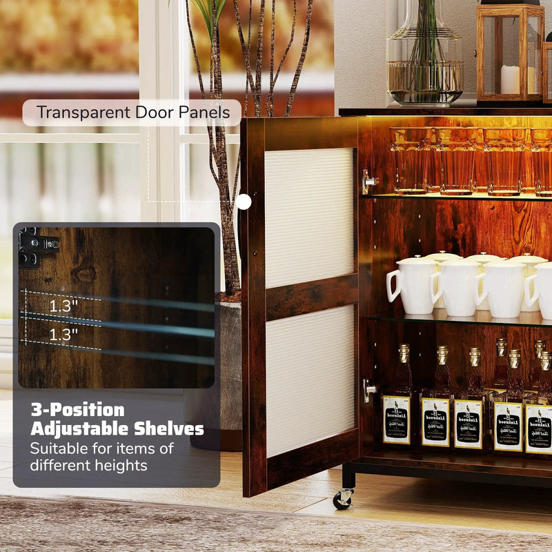 Wine Bar Cabinet with LED Light and Adjustable Shelves-Rustic Brown by DirectDeals