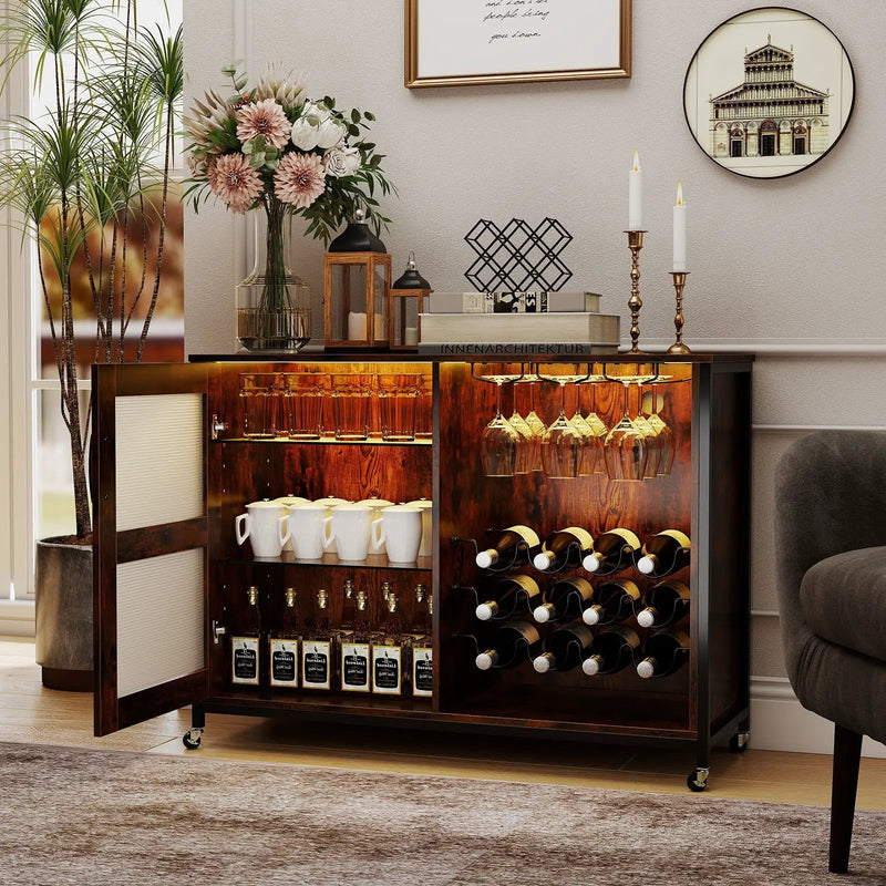 Wine Bar Cabinet with LED Light and Adjustable Shelves-Rustic Brown by DirectDeals