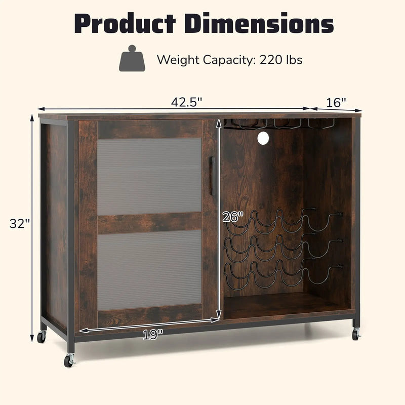 Wine Bar Cabinet with LED Light and Adjustable Shelves-Rustic Brown by DirectDeals