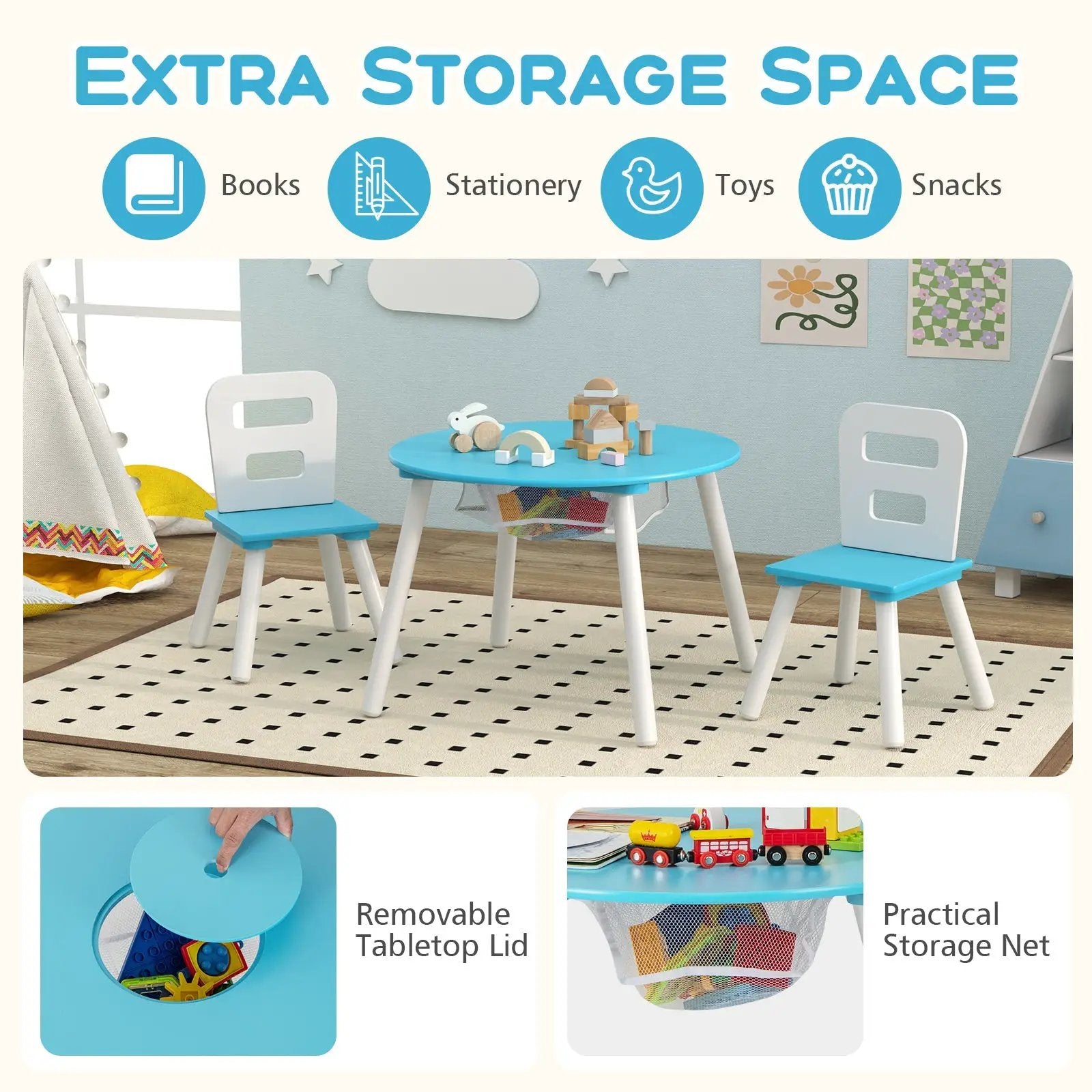 Kids Table and Chair Set with Mesh Storage - 3 Piece by DirectDeals