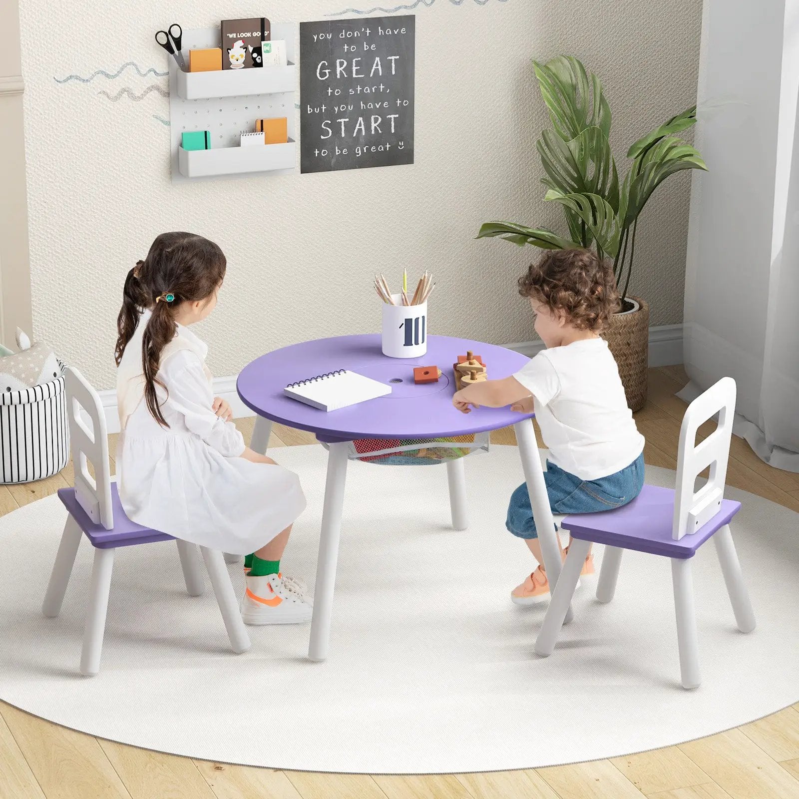 Wood Activity Kids Table and Chair Set with Center Mesh Storage-Purple by DirectDeals
