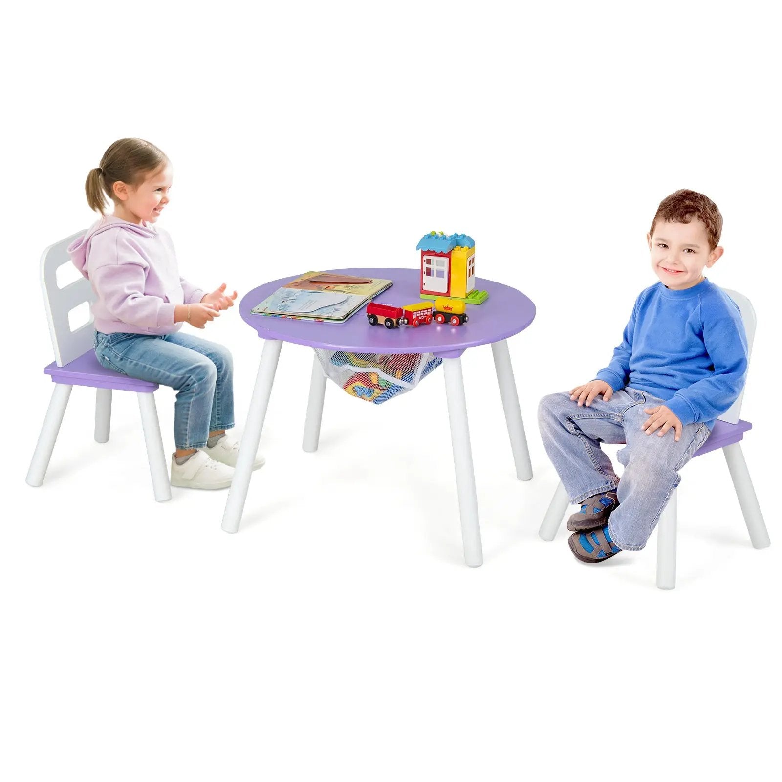 Wood Activity Kids Table and Chair Set with Center Mesh Storage-Purple by DirectDeals