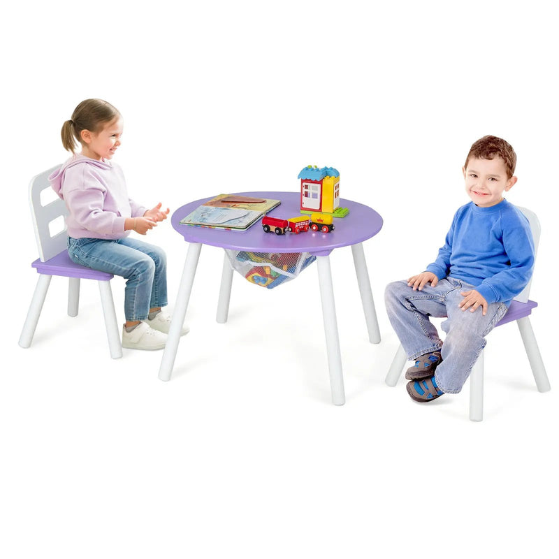 Wood Activity Kids Table and Chair Set with Center Mesh Storage-Purple by DirectDeals