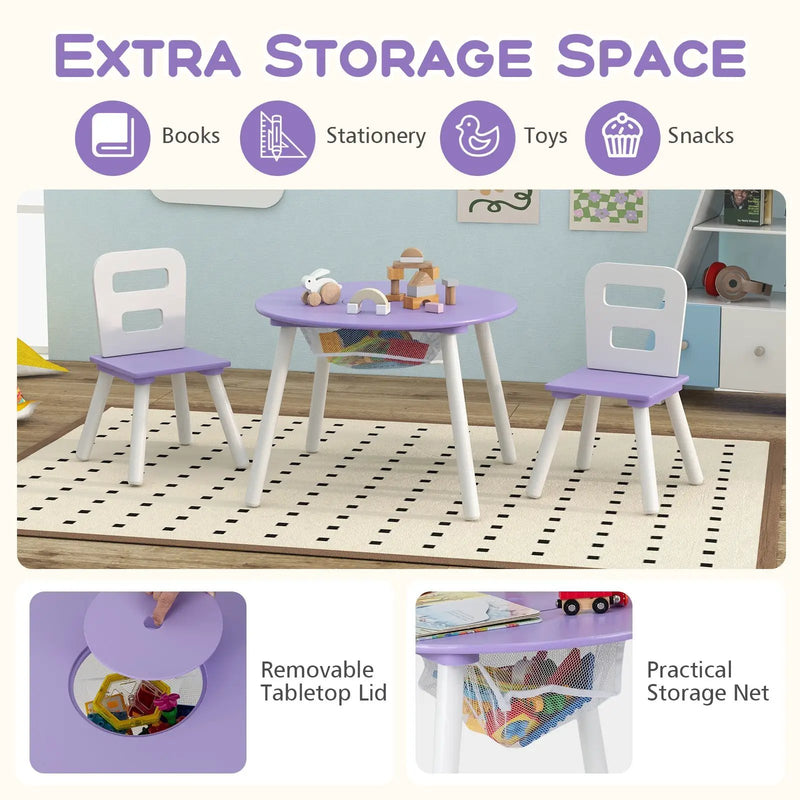 Wood Activity Kids Table and Chair Set with Center Mesh Storage-Purple by DirectDeals