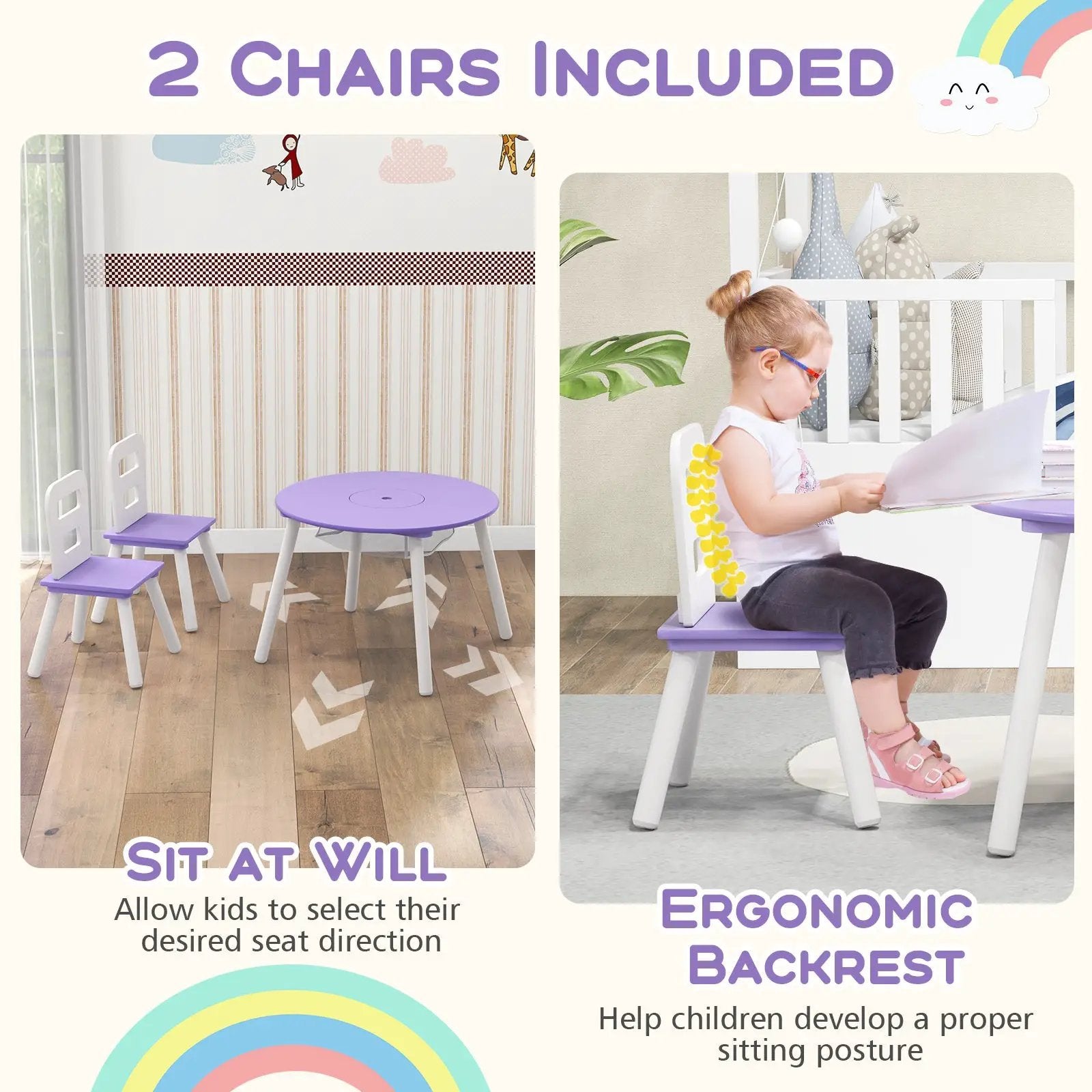 Wood Activity Kids Table and Chair Set with Center Mesh Storage-Purple by DirectDeals