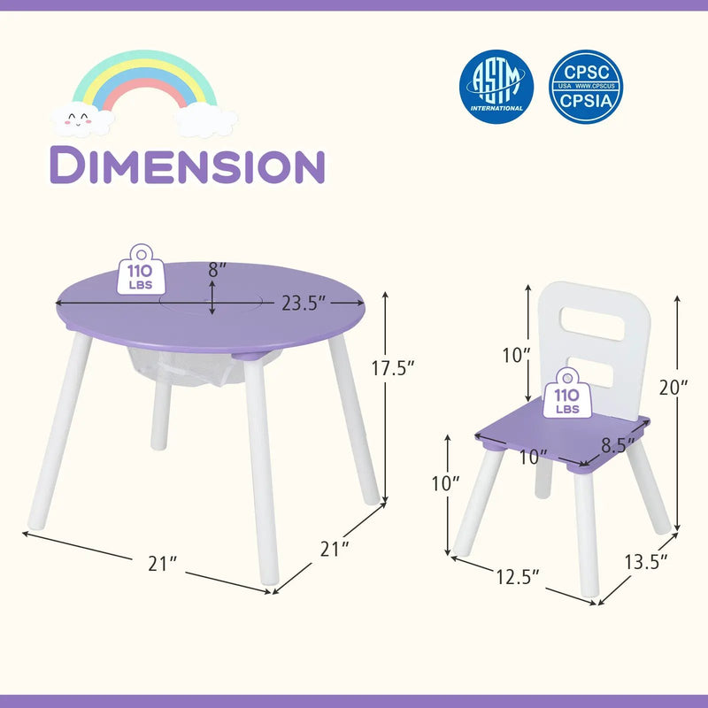 Wood Activity Kids Table and Chair Set with Center Mesh Storage-Purple by DirectDeals
