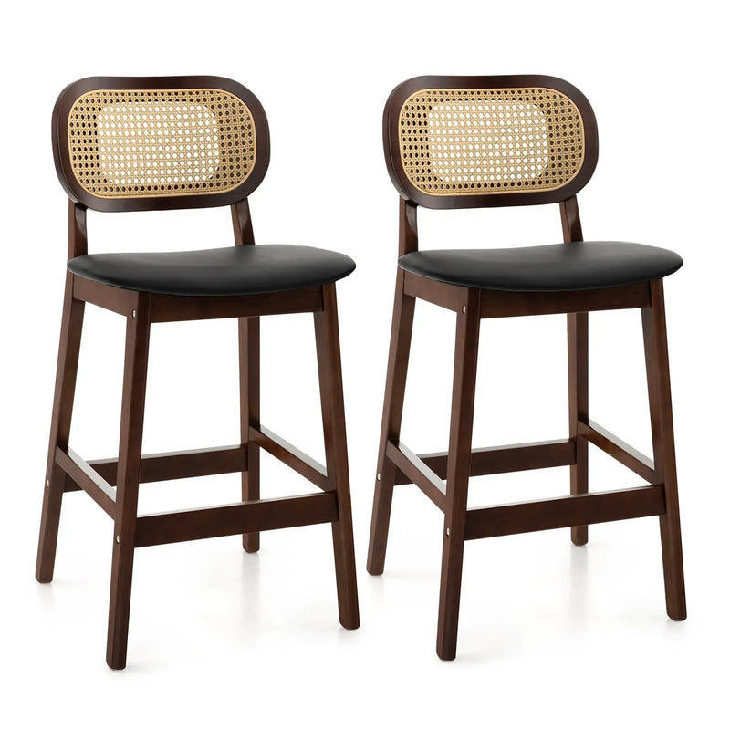 Wood Bar Chairs with PE Rattan Backrest Padded Seat and Footrest-Brown by DirectDeals