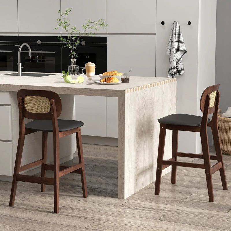 Wood Bar Chairs with PE Rattan Backrest Padded Seat and Footrest-Brown by DirectDeals