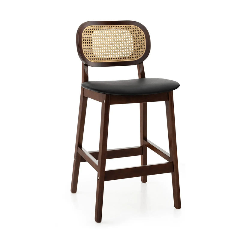 Wood Bar Chairs with PE Rattan Backrest Padded Seat and Footrest-Brown by DirectDeals