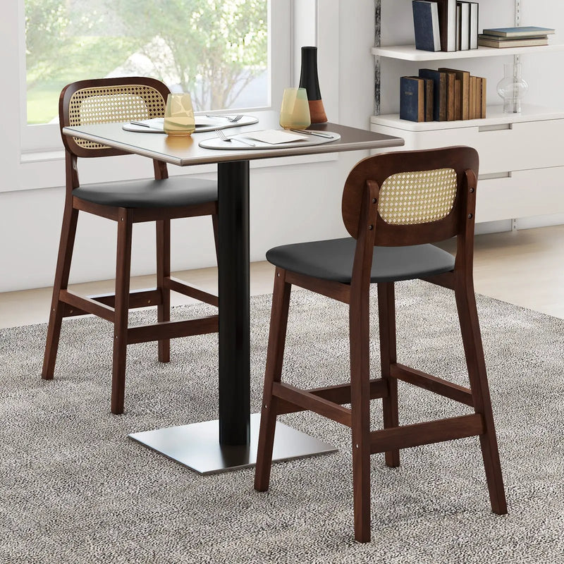 Wood Bar Chairs with PE Rattan Backrest Padded Seat and Footrest-Brown by DirectDeals