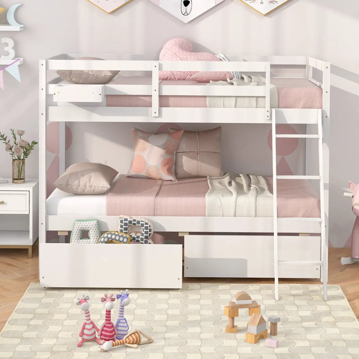Twin Over Twin Bunk Bed Wood Bed Frame with 2 Storage Drawers and Ladder by DirectDeals